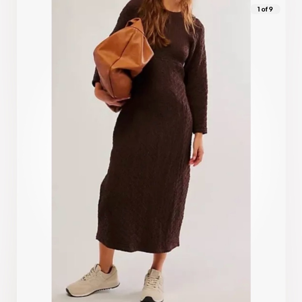Free People Gabby Seamless Midi Dress Fall Textured Long-Sleeve Open Back  XS S